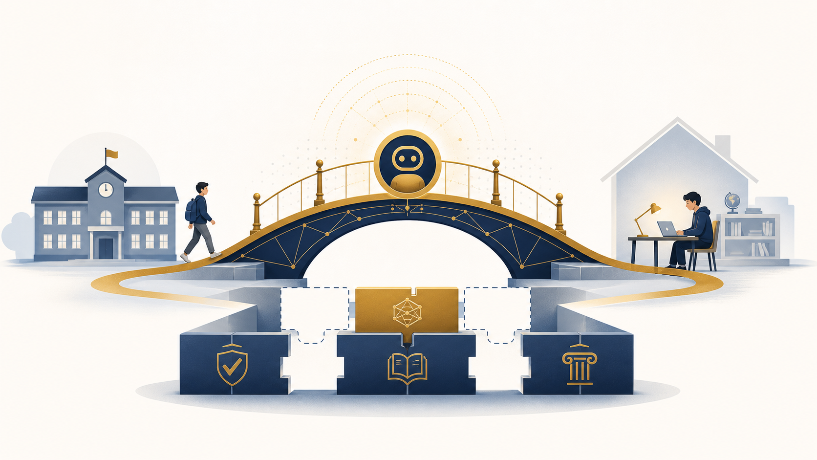 A student crosses an AI bridge between school and home while the bridge rests on an incomplete trusted-knowledge foundation